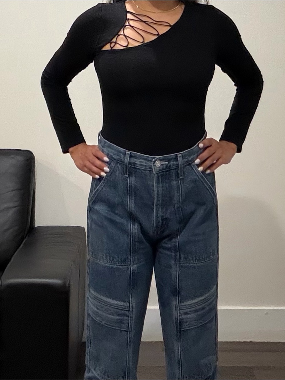 Good American Dark Blue Boyfriend Jeans with Panel Detailing